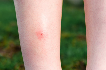 Leg with red spot caused by insect bite on leg skin.の写真素材