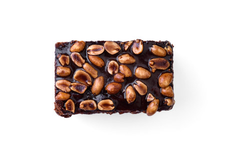 Piece of chocolate cake isolated on white background.