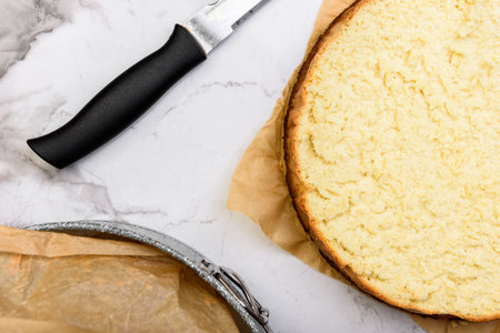 Sliced sponge cake with knife for making cake on white table.の写真素材