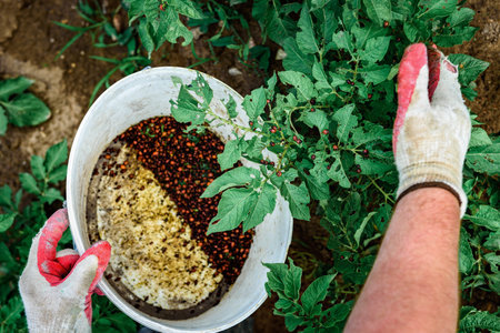 Farmer picking up a colorado potato beetle feeding on a potato plant.
