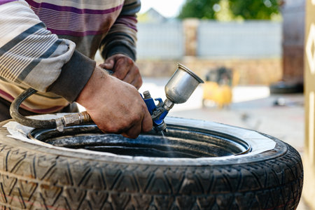 Anti-corrosion treatment of the car parts using spray gun.の写真素材