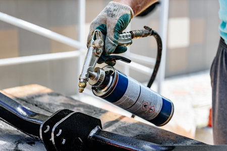 Anti-corrosion treatment of the car parts using spray gun.