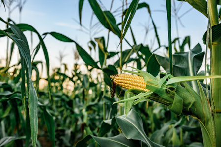 Corn cobs in corn plantation field. Corn plants growing in summer.の写真素材