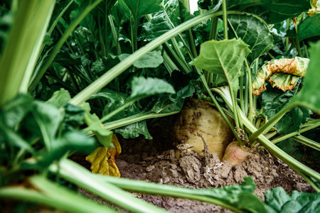 Sugar beet plants growing in field in summer. Harvesting.の写真素材