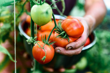 Woman's hands picking fresh tomatoes in greenhouse.の写真素材