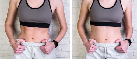 Young woman before and after loosing fat on white brick wall background.の写真素材