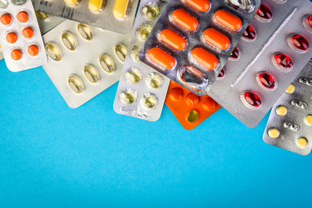 Variety of medicines and drugs in blister packs. Medicine and healthcare concept.の写真素材