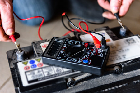 Mechanic holding voltmeter to check voltage car battery. Car repair.