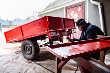 Rebuilding upgrading and modifying trailer. Man painting a metal trailer with spray gun.の写真素材