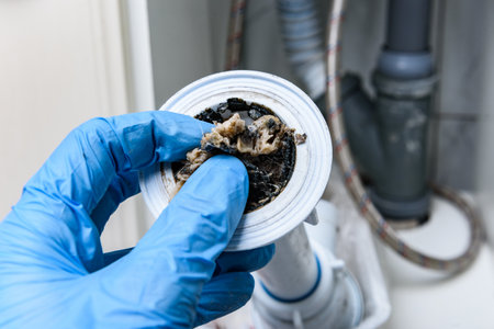 Clogged plastic water trap siphon and drainage pipe cleaning. Home plumbing maintenance service.