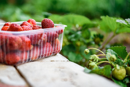 Plastic box full of organic strawberry between bushes on the farm. Summer harvest of strawberry.の写真素材