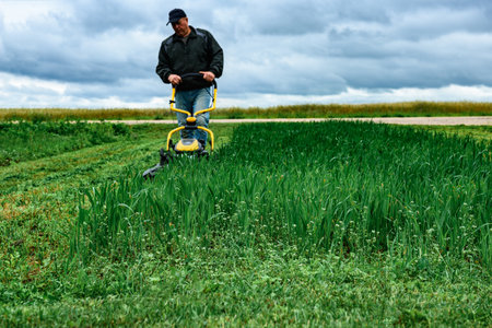 Gardener mowing green grass with yellow lawn mower in garden during summer day.