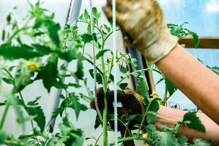 Gardener tied up tomato plant in the greenhouse.