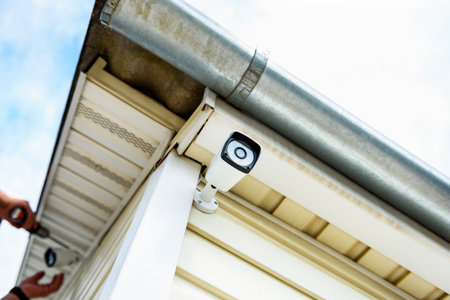 Man installing security camera exterior on the wall of the house.