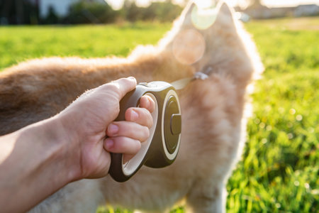 Walking a husky dog with a leash roulette on a summer day.の写真素材
