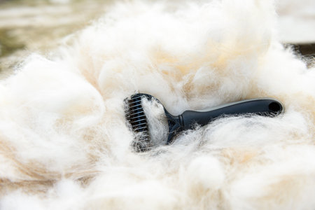 Combing the wool with a hairbrush. Concept molding petの写真素材