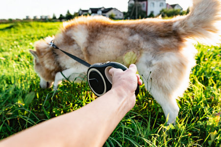 Walking a husky dog with a leash roulette on a summer day.の写真素材
