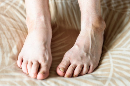 Womans inflamed, swollen foot on a bed at home.の写真素材
