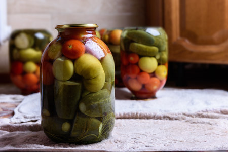Preservation of season vegetables. Canned jars of cucumbers and tomatoes. Ð¡ooking marinated vegetables for the winter.の写真素材