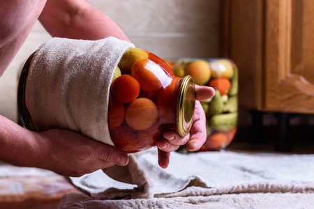 Preservation of seasonal vegetables. A woman checking canned jars of cucumbers and tomatoesの写真素材