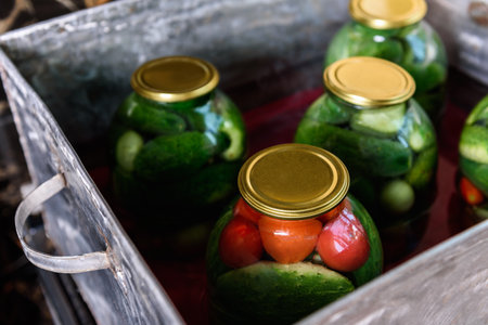 Preservation of seasonal vegetables. A woman sterilizing jars of cucumbers and tomatoes in a large barrel in the kitchenの写真素材
