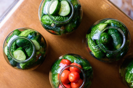 Preservation of seasonal vegetables. Preparation vegetables in jars and ingredients for canned food, cooking processの写真素材
