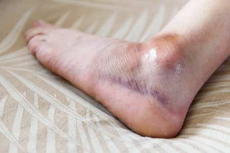 Woman's inflamed, swollen foot from a bruise on a bed at homeの写真素材