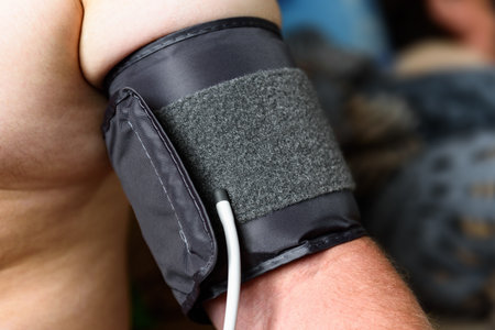 Measuring blood pressure with an automatic blood pressure monitor at homeの写真素材