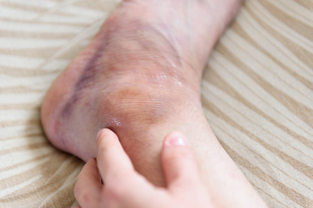 Woman's inflamed, swollen foot from a bruise on a bed at homeの写真素材