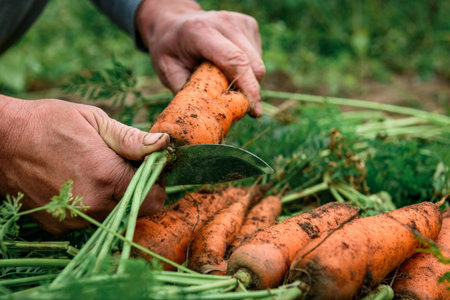 The gardener harvesting carrots and cutting the leaves, preparing for storage in autumn gardenの写真素材
