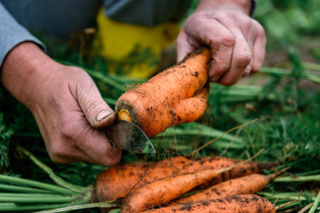The gardener harvesting carrots and cutting the leaves, preparing for storage in autumn garden