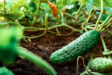 Cucumber plant growing in summer gardenの写真素材