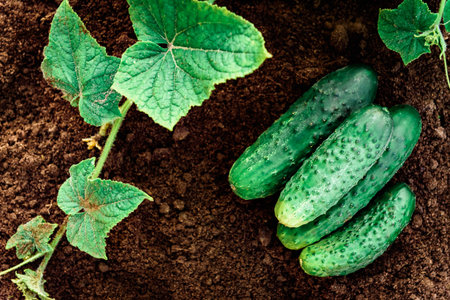 Cucumber plant growing in summer gardenの写真素材