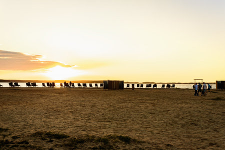 Sandy beach for swimming and sunbathing in Belarusの写真素材