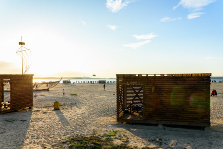 Sandy beach for swimming and sunbathing with changing rooms and deck chairs in Belarusの写真素材