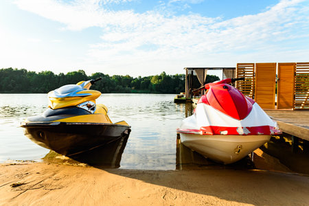 Jet skis for rent near the sea in summer dayの写真素材