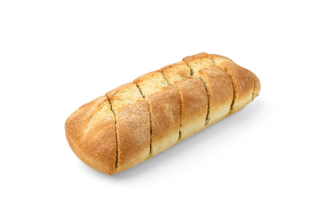 Sliced baguette with garlic isolated on white background