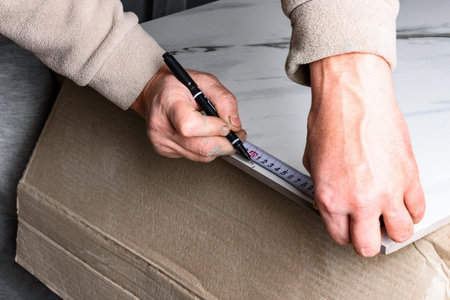 Measuring tiles with a tape measure before cutting