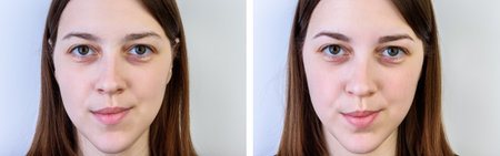 Young girl before and after treatment, eyebrow correction on gray background. Collage before and after the procedureの写真素材