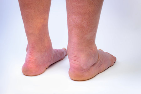 Swelling of the leg after a fall injury on gray backgroundの写真素材