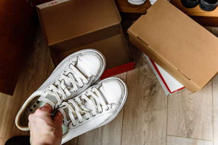 Woman putting white sneakers into shoe box at homeの写真素材