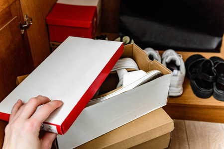 Woman putting white sandals into shoe box at home
