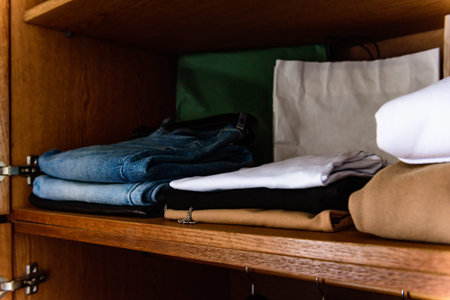 Organization and storage of things on the shelves of the wardrobe in the dressing room.の写真素材