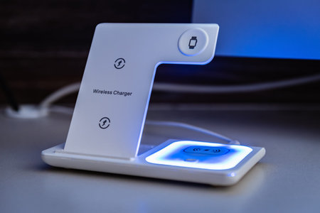 Wireless phone charging on table near computer