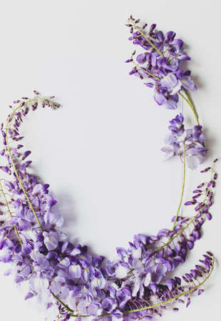 A white sheet of paper surrounded by twigs of blooming wisteria are on a white background. Copy space. View from the top point.の写真素材