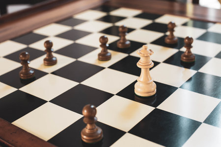 On the chessboard stands the figure of the Queen surrounded by pawns.の写真素材