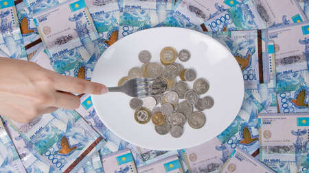 Kazakhstan tenge. Coins on a white plate. Keep money on the fork. Minimum subsistence level, food...