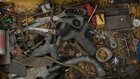 Old rusty tools are in the drawer. A dirty box with construction tools. Garbage of tools and bolts and nuts in the drawer. Rusty vintage tools. Vintage, retro, rustic style. construction, repair.の写真素材