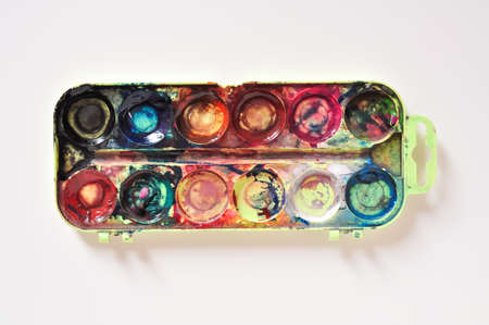 old paint and brush for painting on white background.preschool education for childrenの写真素材