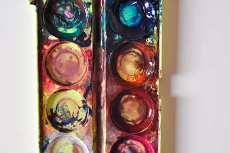 old paint and brush for painting on white background.preschool education for childrenの写真素材
